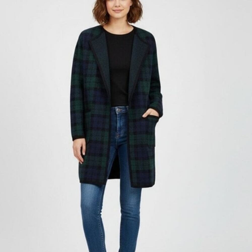 J.Crew Plaid Tartan Long Cardigan Sweater Wool Blend Green Blue S Preppy